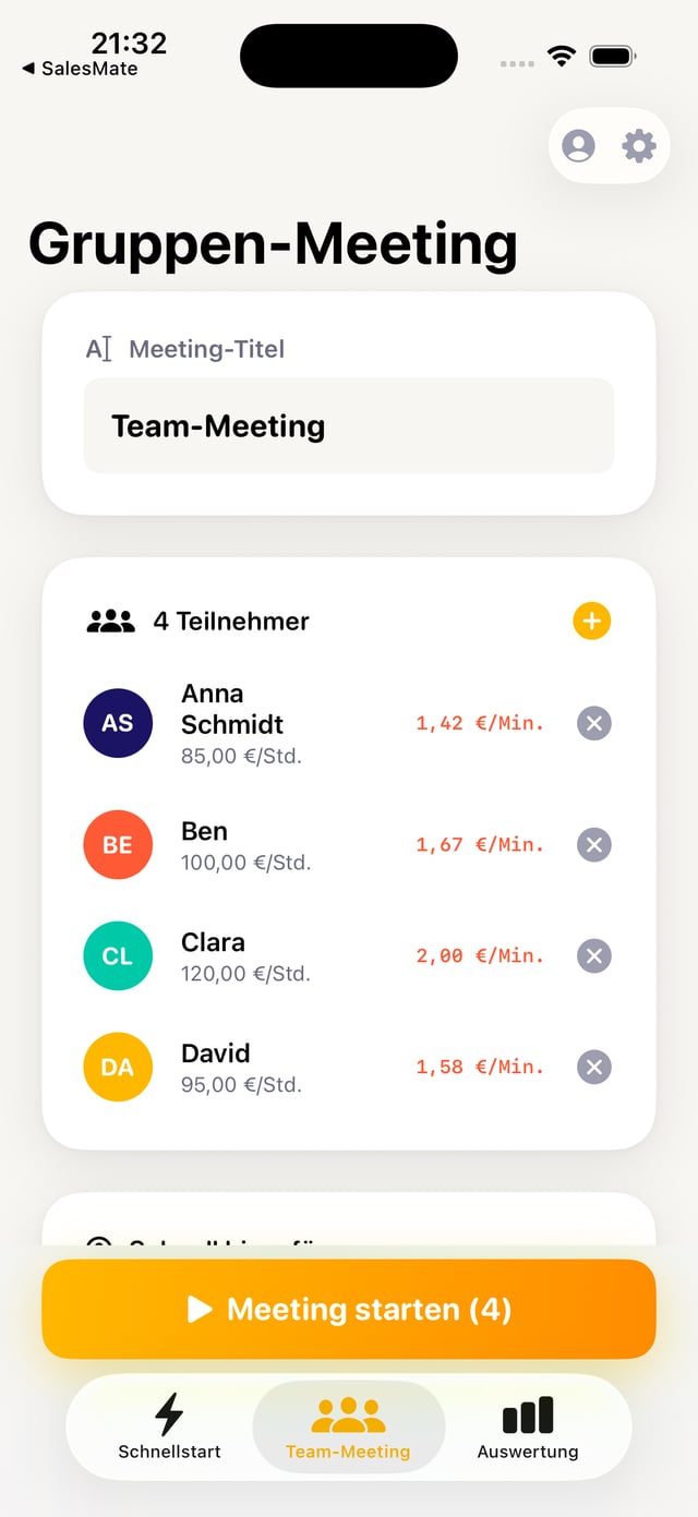 Gruppen-Meeting-Setup in MeetingCost mit vier Teilnehmern und Stundensätzen zwischen 85 und 120 Euro