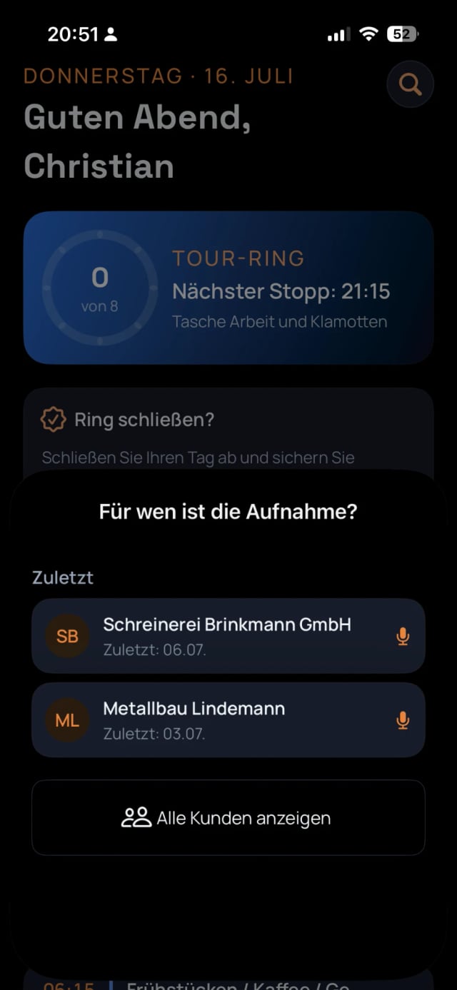 SalesMate-Aufnahmedialog fragt, für welchen Kunden die Sprachaufnahme erstellt wird