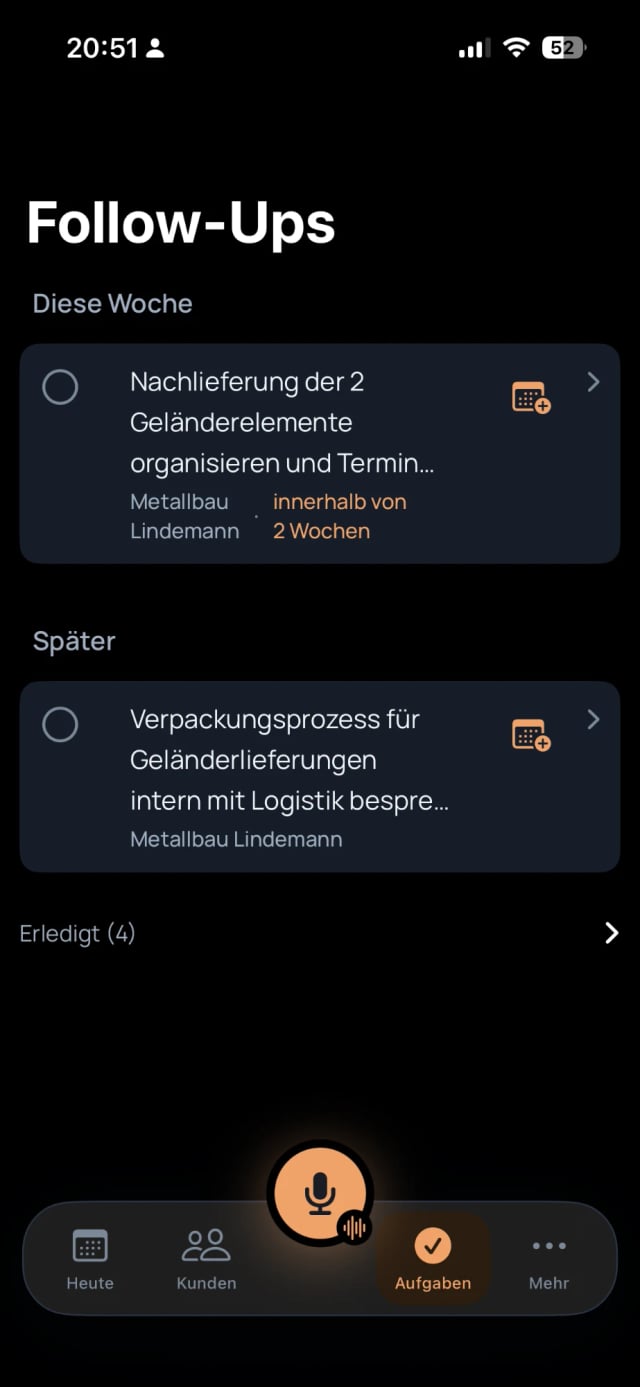 SalesMate-Follow-Up-Liste mit automatisch aus Kundenterminen erstellten Aufgaben